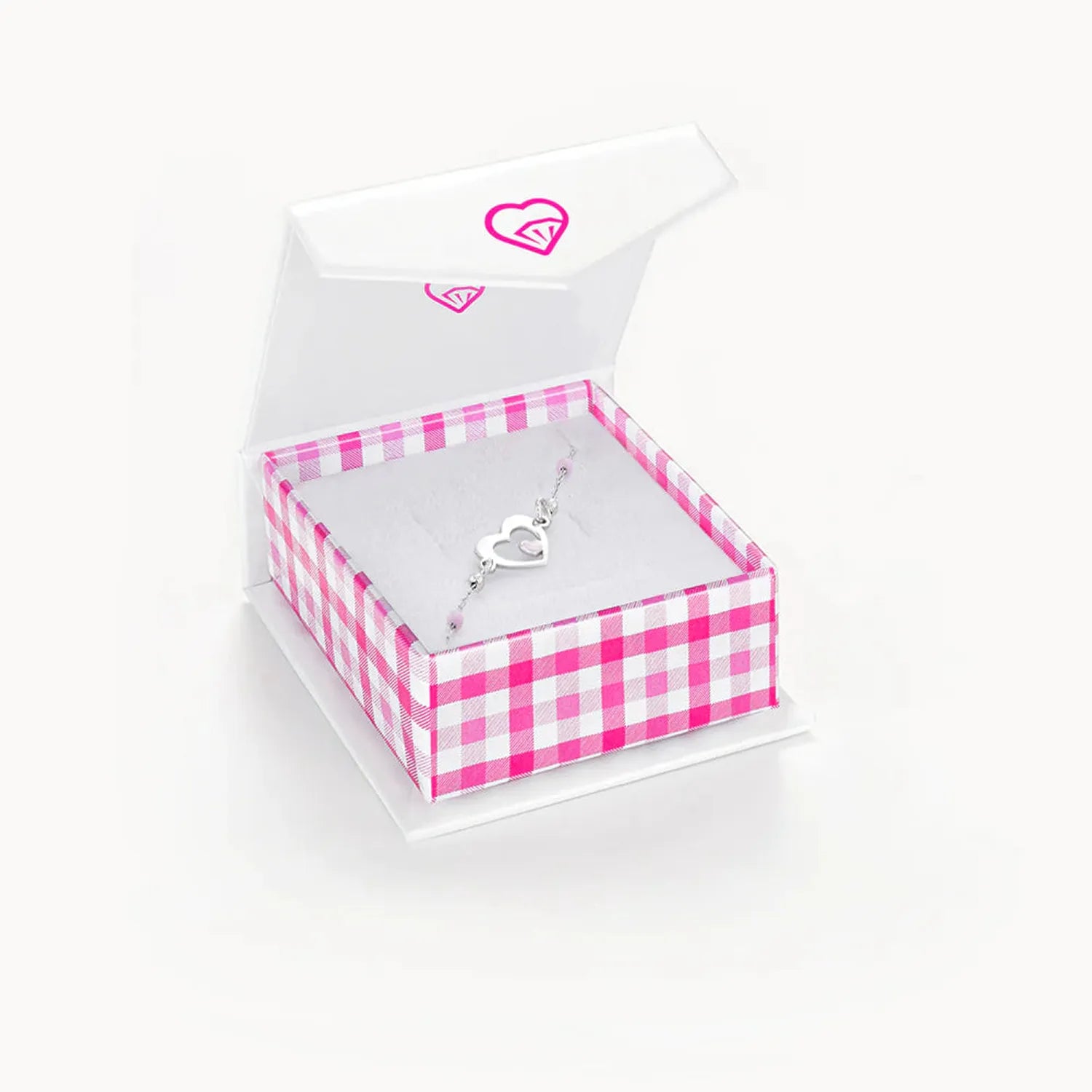 Sterling silver heart bracelet for girls by Melchior Jewellery in pink check gift box