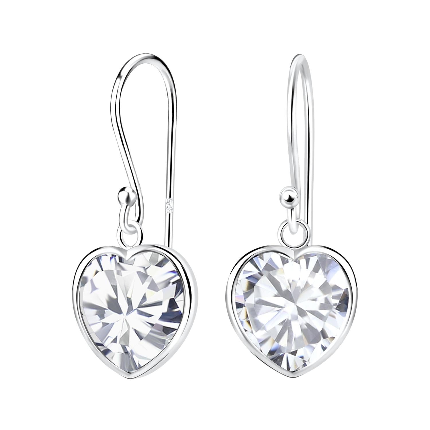 Sterling silver heart drop earrings with clear crystal detailing for women by Melchior Jewellery