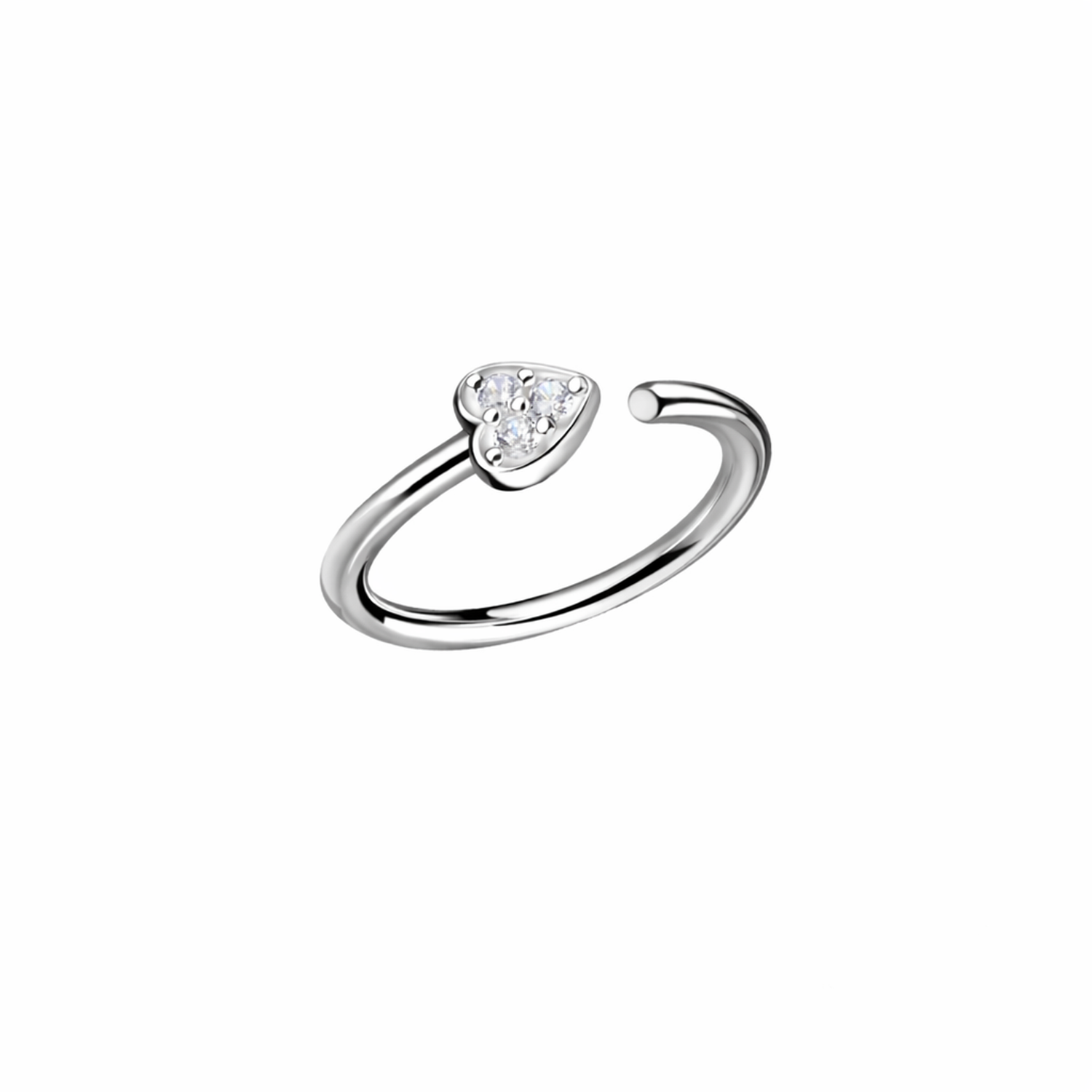 sterling silver open ring with clear crystal heart detail for helix cartilage piercing by Melchior Jewellery