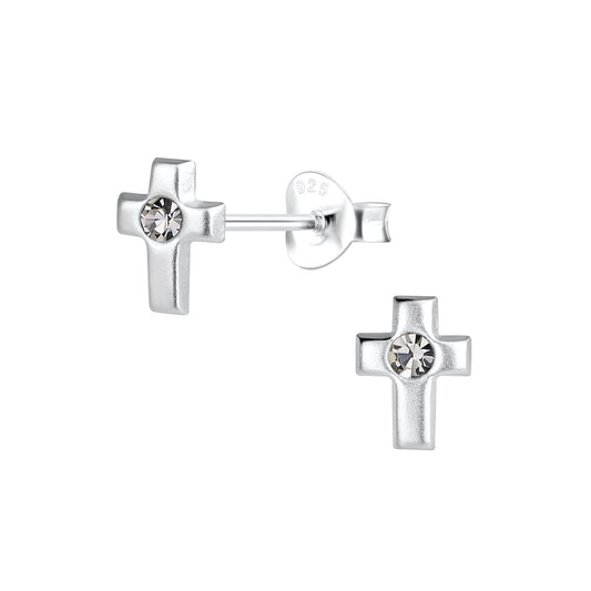 Melchior Jewellery sterling silver kids cross earrings with clear gemstone detail for children