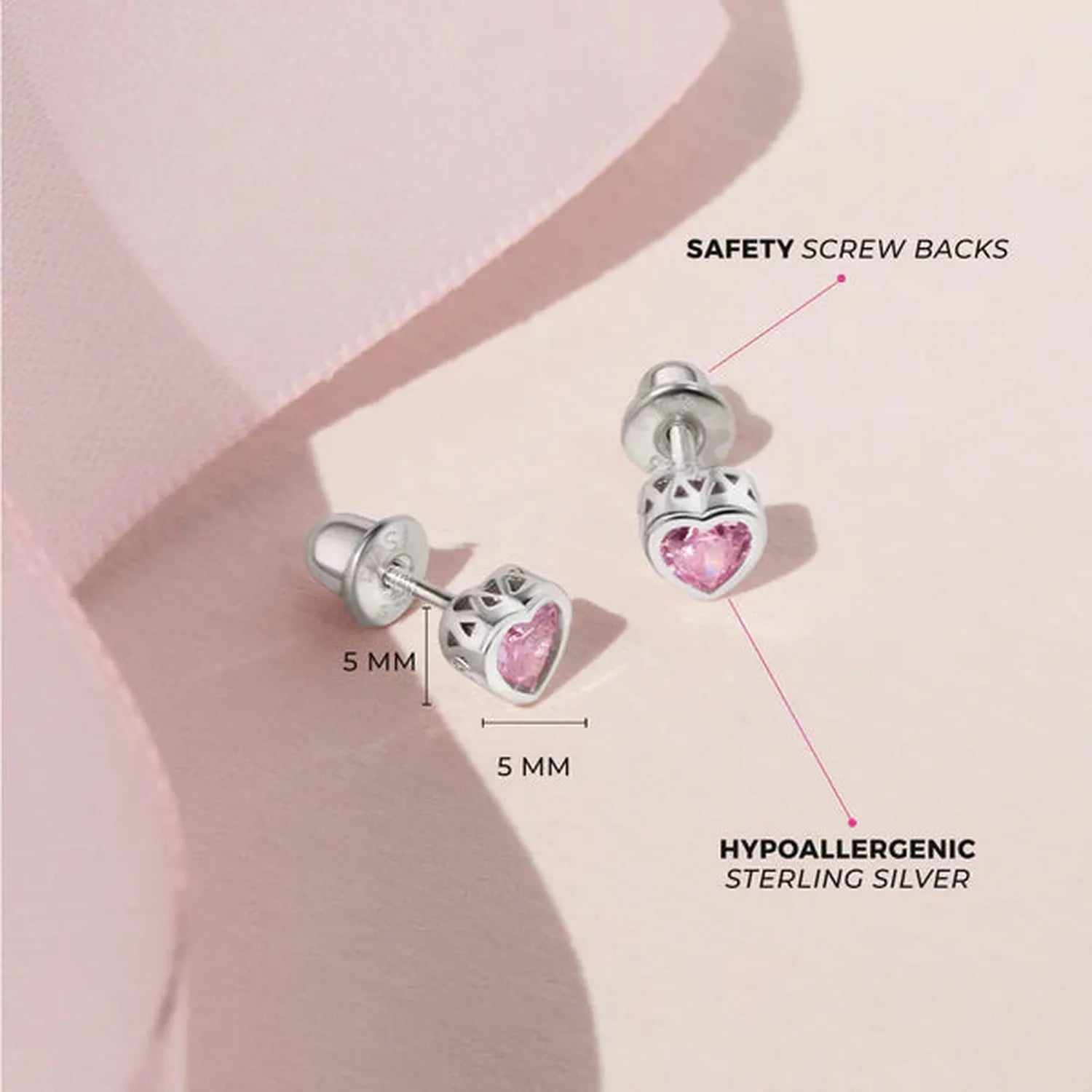 Hypoallergenic sterling silver heart-shaped pink October Birthstone Screw Back Earrings 5mm from In Season Jewellery