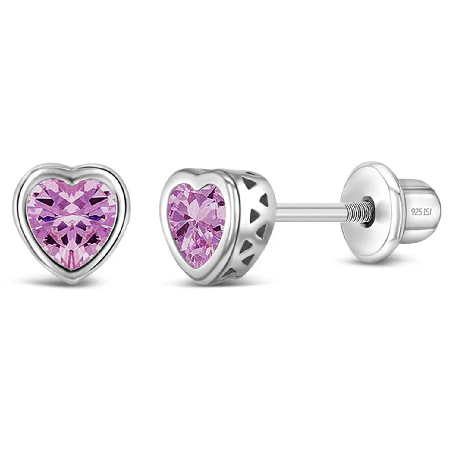 sterling silver heart shaped pink gemstone October Birthstone Screw Back Earrings by In Season Jewellery