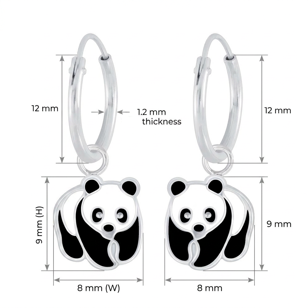 Sterling silver panda bear earrings for girls with black and white enamel on hoop style from Melchior Jewellery