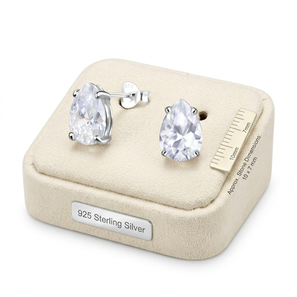 925 sterling silver pear shape stud earrings with clear stones for womens fashion accessories