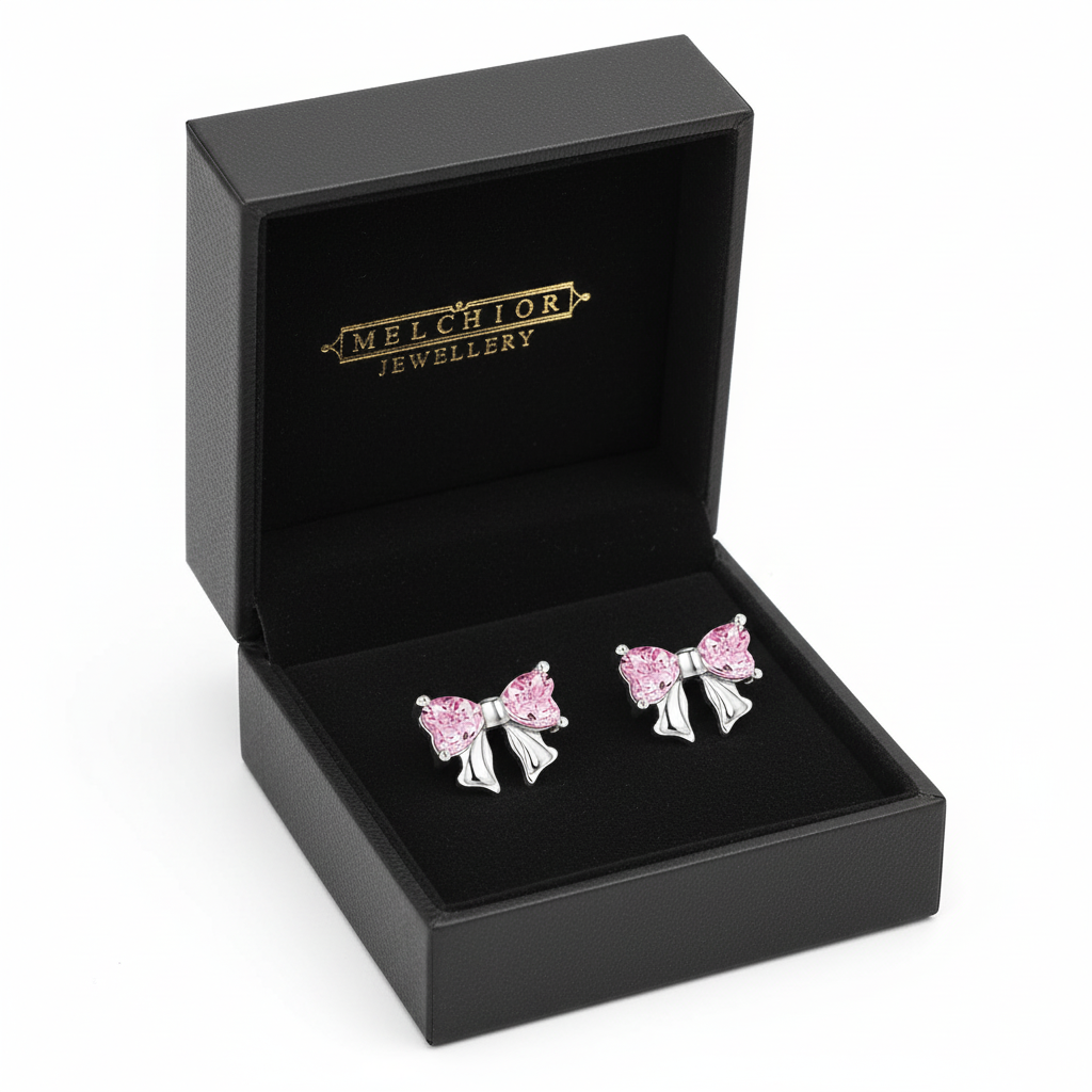 Melchior Jewellery sterling silver pink bow earrings in black presentation box for women