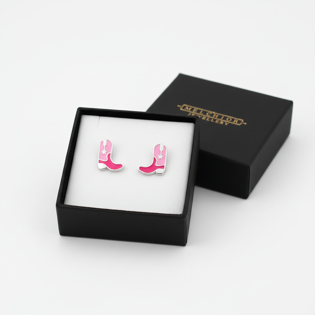 Melchior Jewellery sterling silver pink cowboy boots stud earrings for children in black gift box