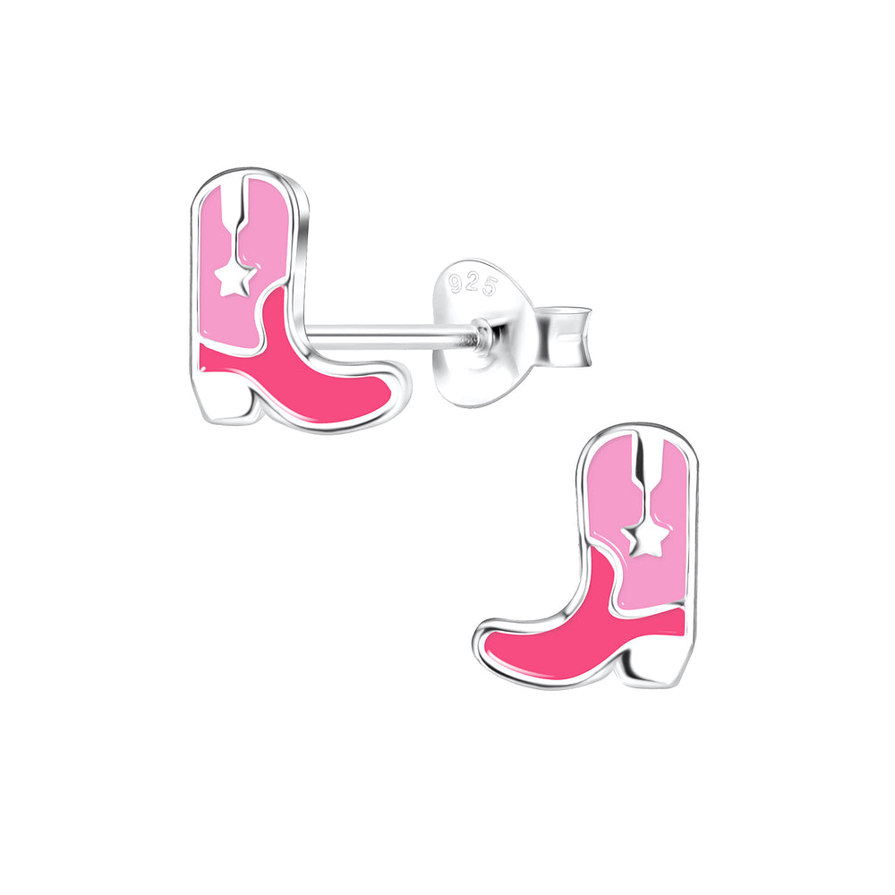 Sterling silver pink cowboy boots stud earrings for children by Melchior Jewellery