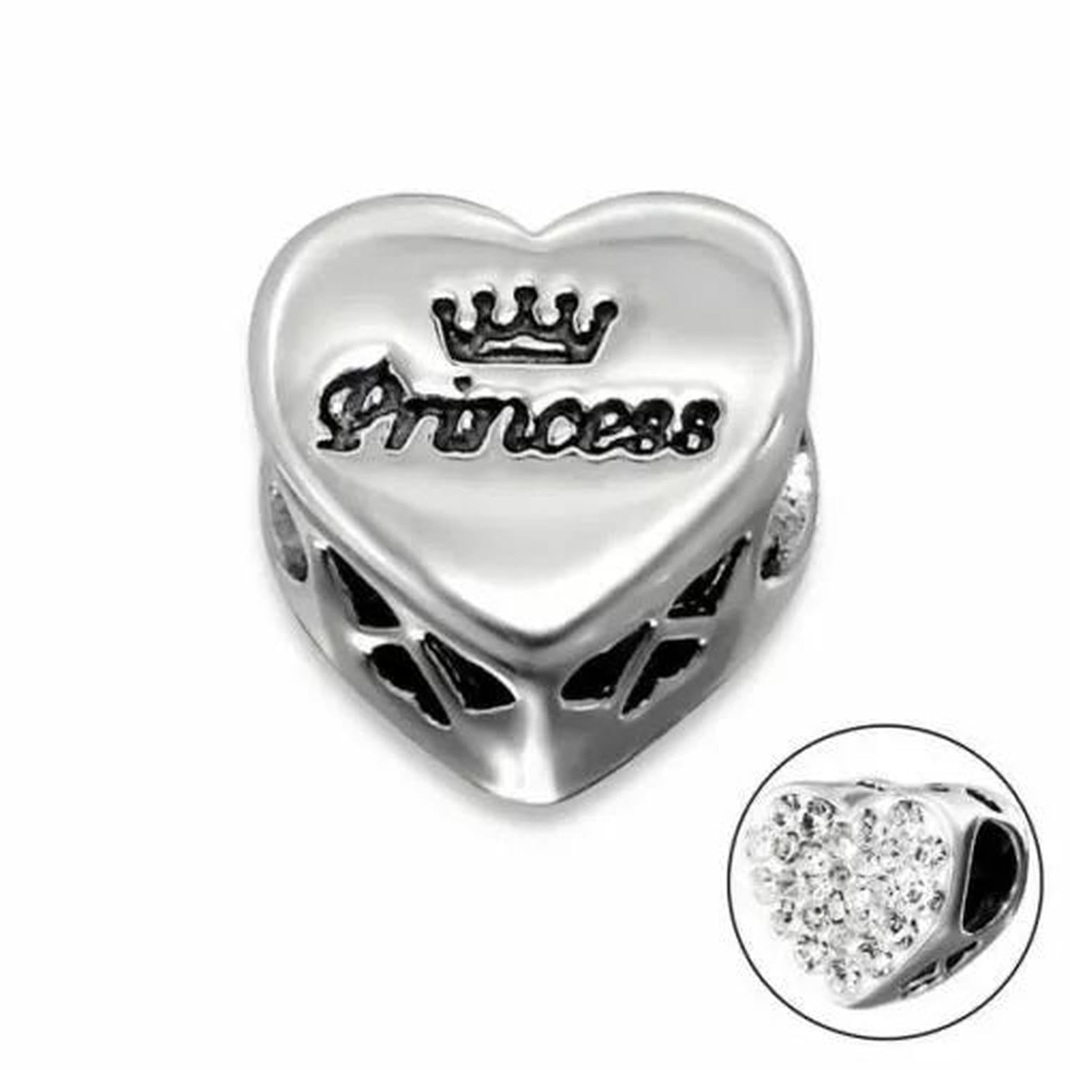 sterling silver Princess Heart Charm Bead with crown engraving and crystal heart detailing by Melchior Jewellery