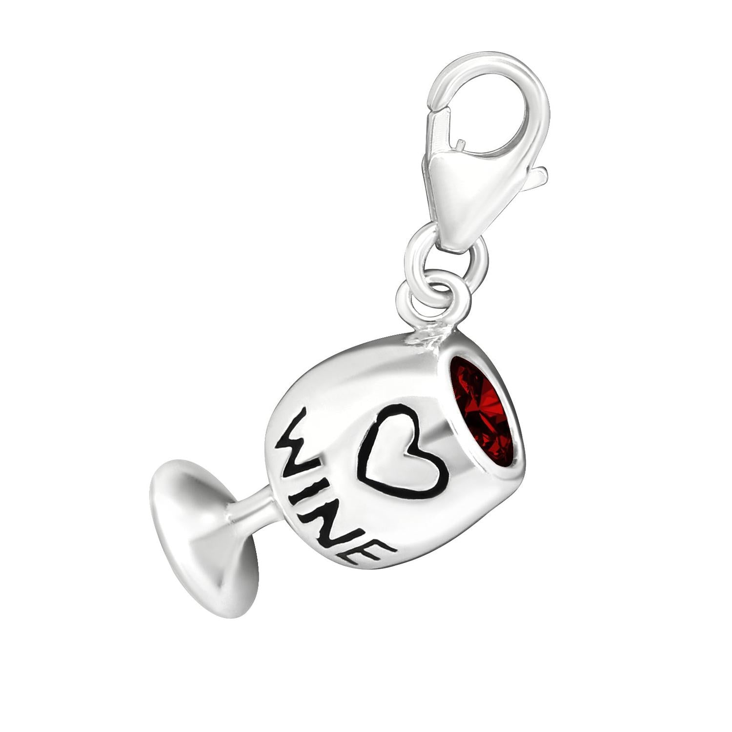 melchior jewellery silver red wine cz clip on charm shaped like a wine glass with heart detail