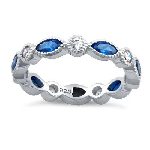 Sterling Silver Round & Marquise Blue Spinel CZ Eternity Ring Size P 1/2