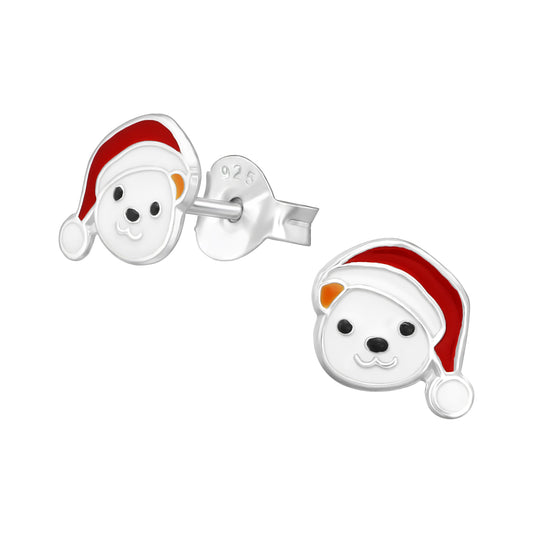 Melchior Jewellery sterling silver Santa bear earrings for children with red enamel hats