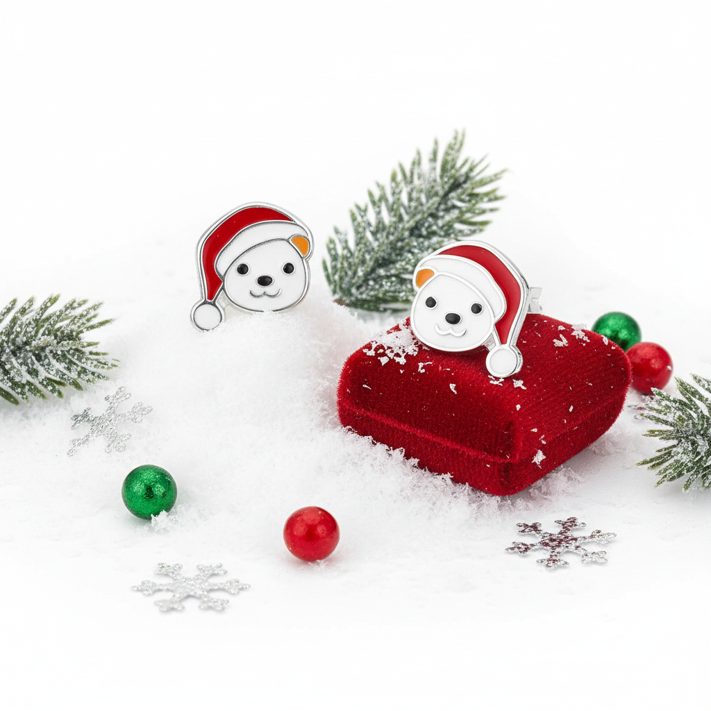 Sterling silver Santa bear earrings for children by Melchior Jewellery with festive snow and decorations