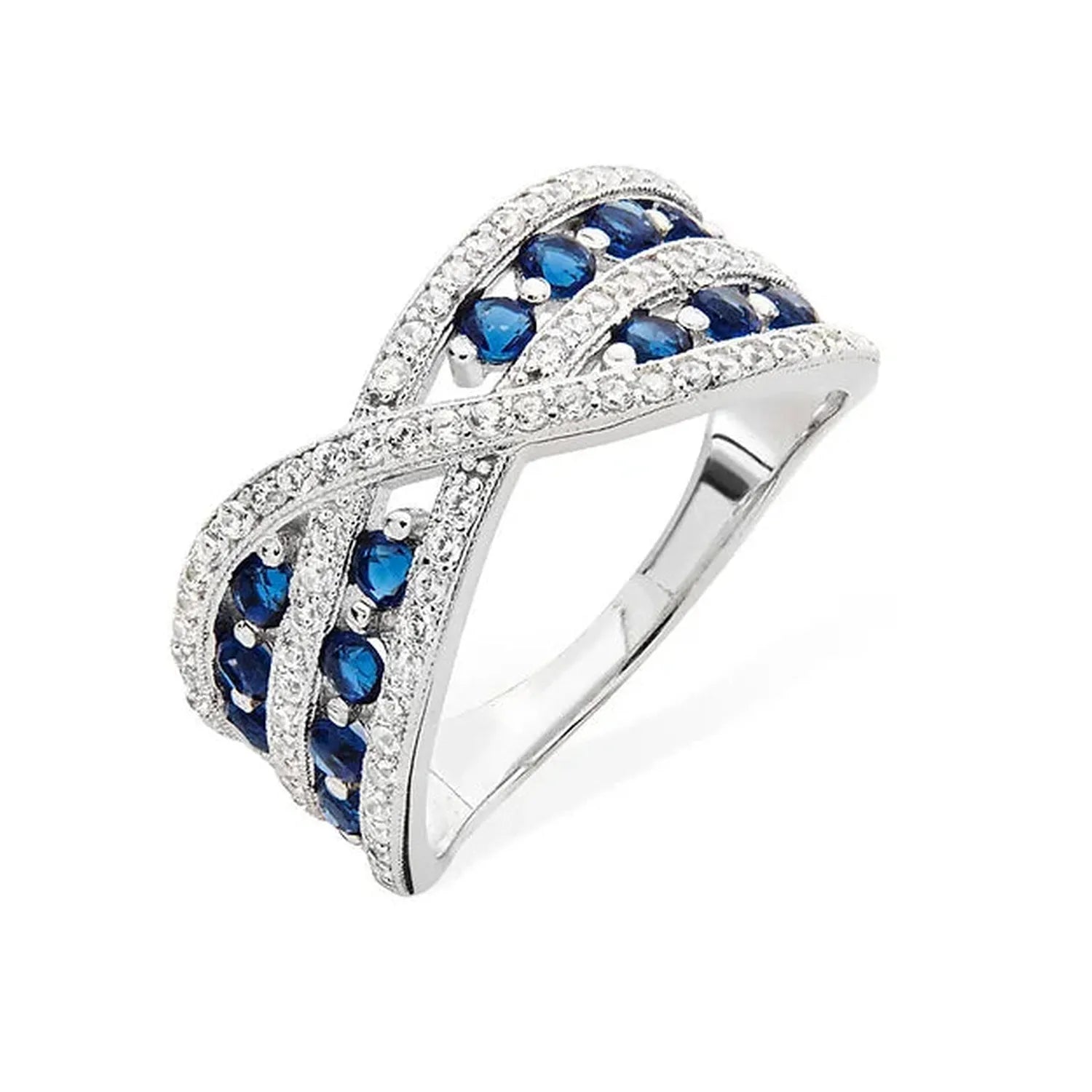 Sterling silver sapphire ring with blue sapphires and sparkling white stones for women by Melchior Jewellery
