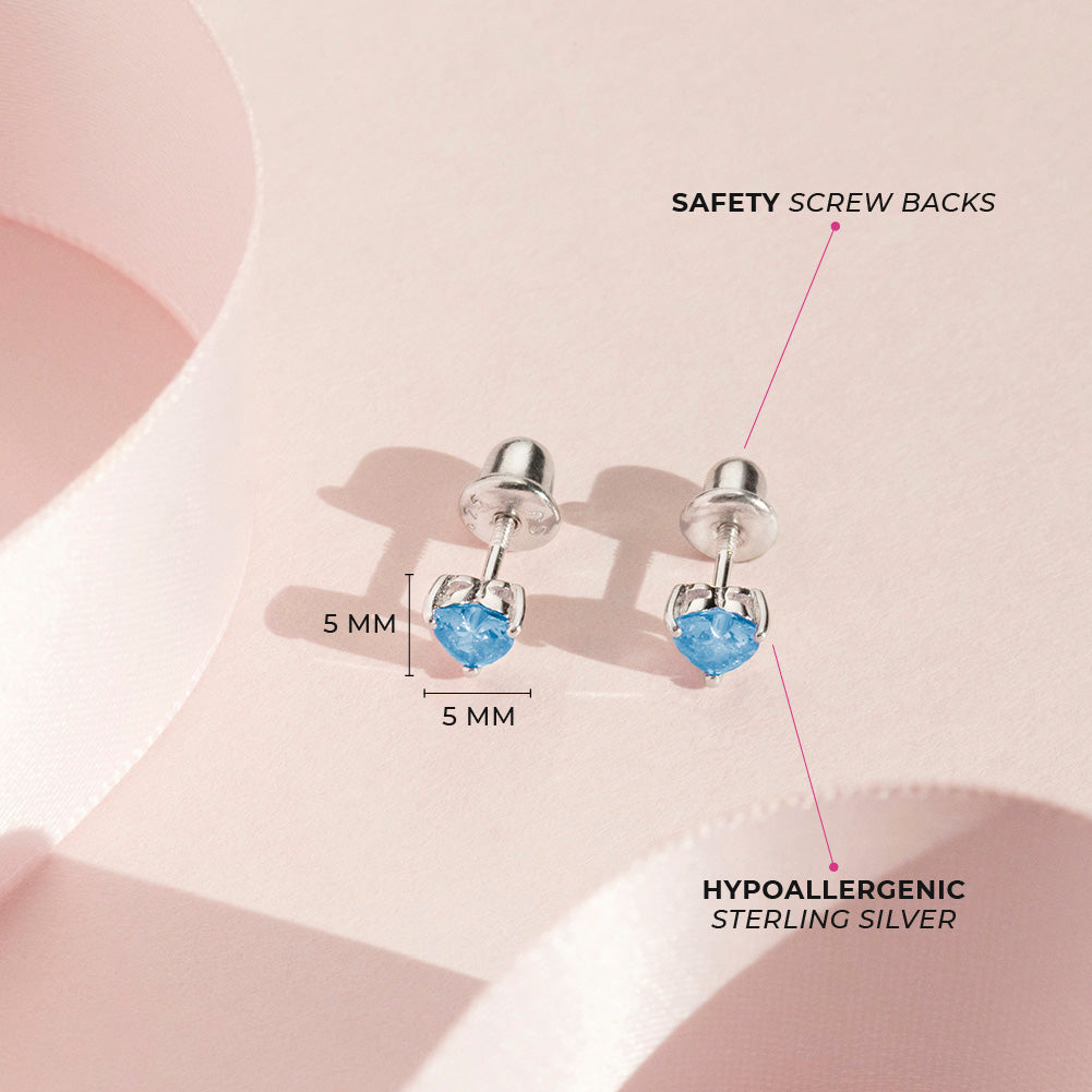 Sterling silver screw back earrings for girls with blue heart-shaped stones by In Season Jewellery