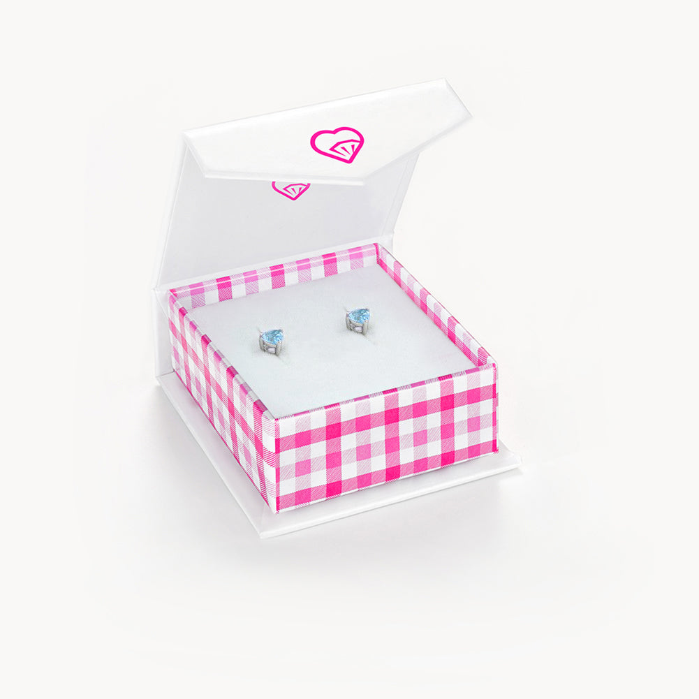 Sterling silver screw back earrings for girls with blue stones in pink check gift box by In Season Jewellery