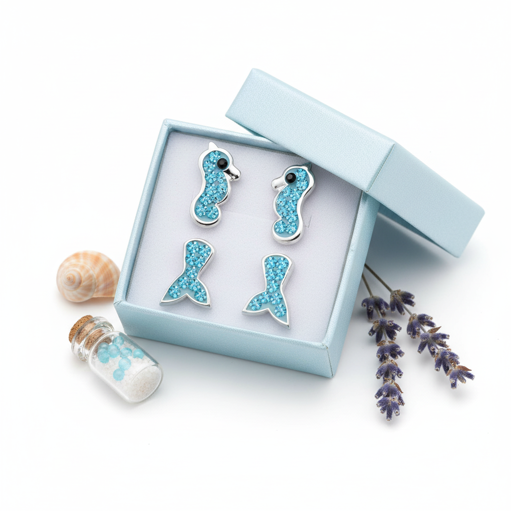 Sterling silver sea life earrings for children by Melchior Jewellery in blue and silver presented in a blue gift box