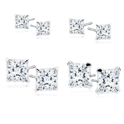 Melchior Jewellery sterling silver square stud earrings in various sizes featuring clear sparkling stones