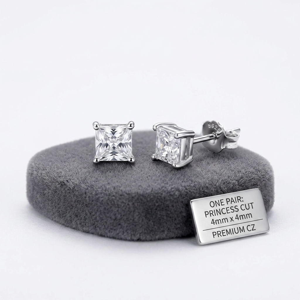 Sterling silver square stud earrings with princess cut premium CZ stones by Melchior Jewellery