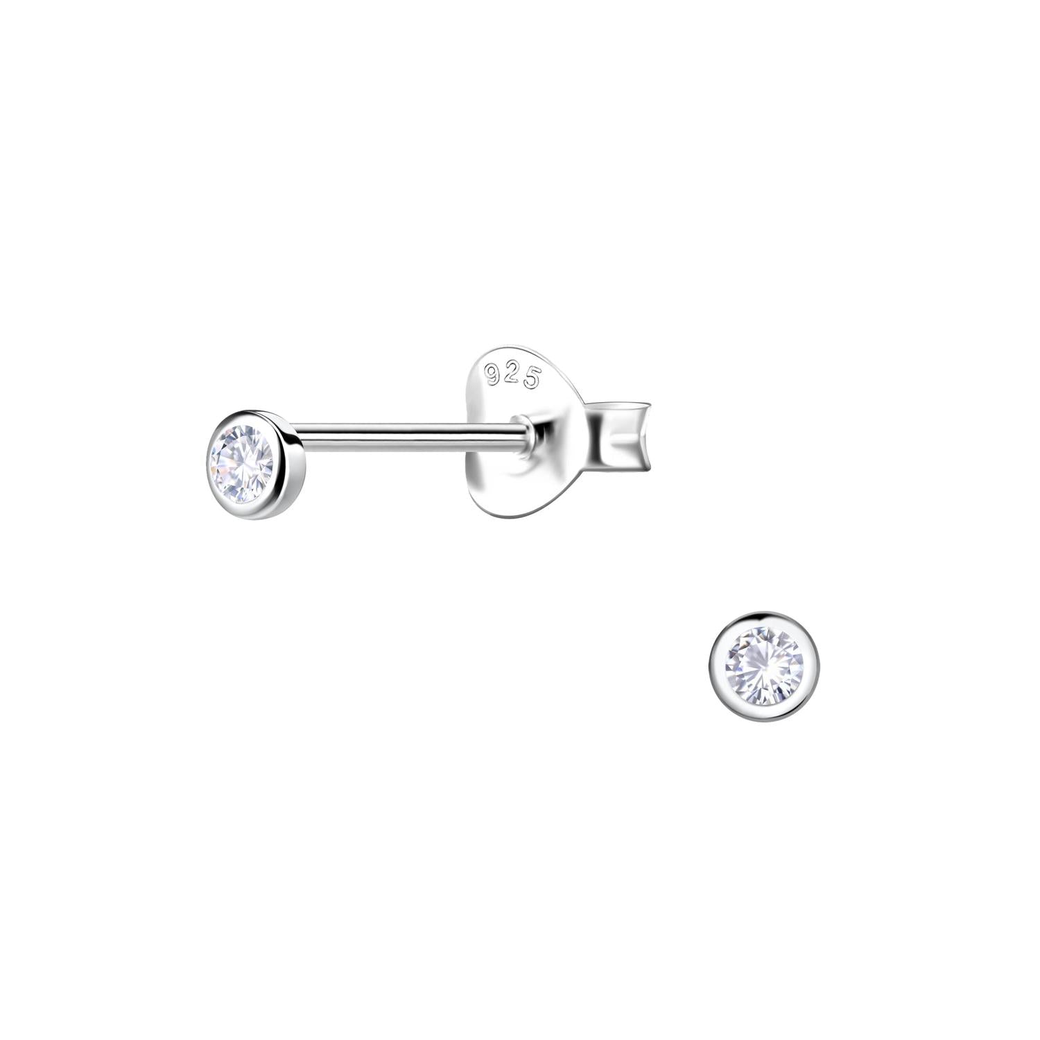 Sterling silver Tiny CZ Round Stud Earrings with clear cubic zirconia stones for women