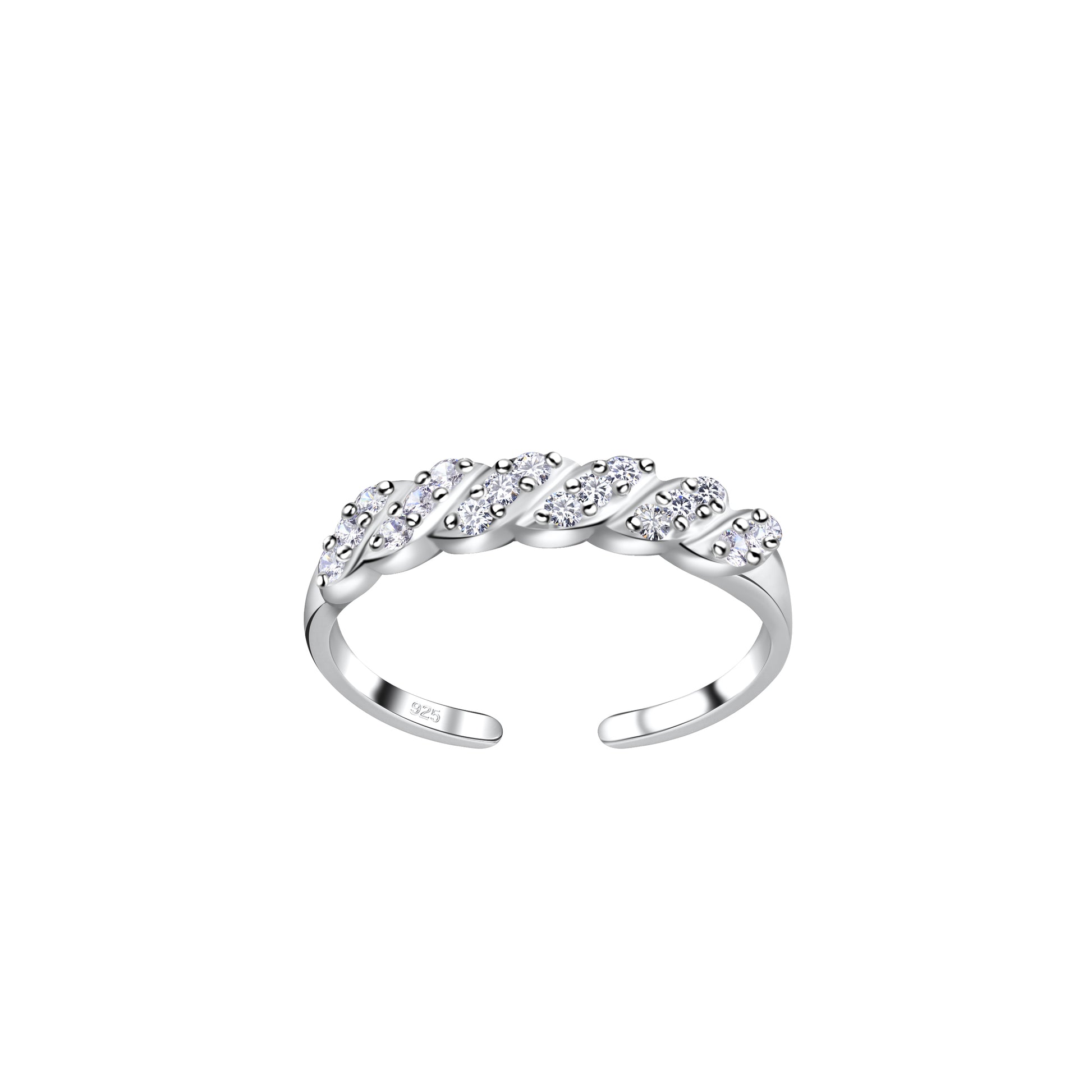 Sterling silver toe ring with twisted design and small sparkling stones by Melchior Jewellery