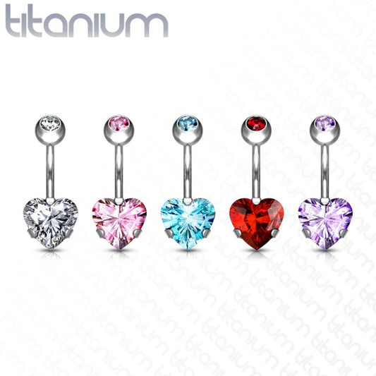 Titanium Double Jewel Prong Set Heart CZ Belly Button Bar