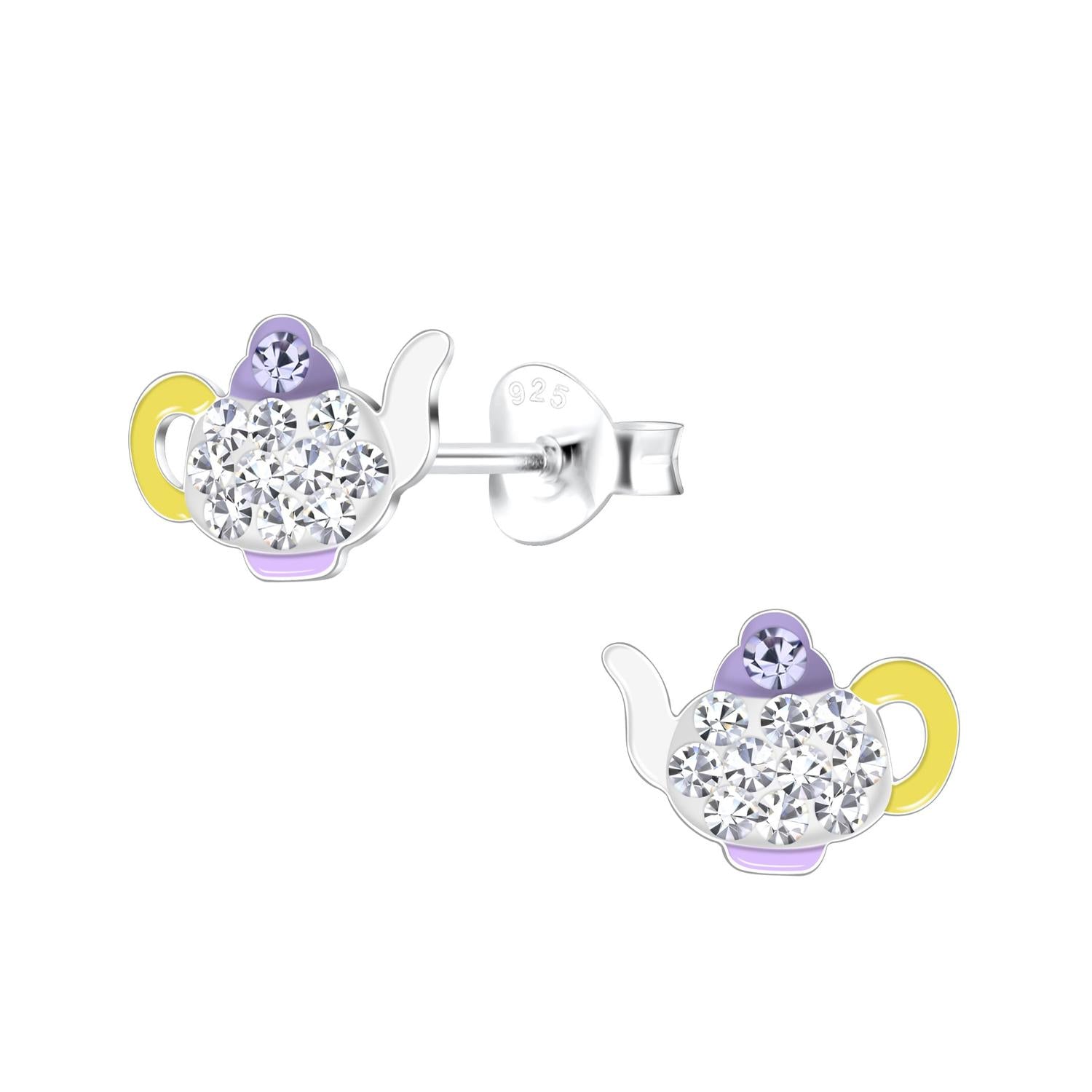Childrens Silver Crystal Teapot Kids Stud Earrings with yellow and purple detailing in sterling silver