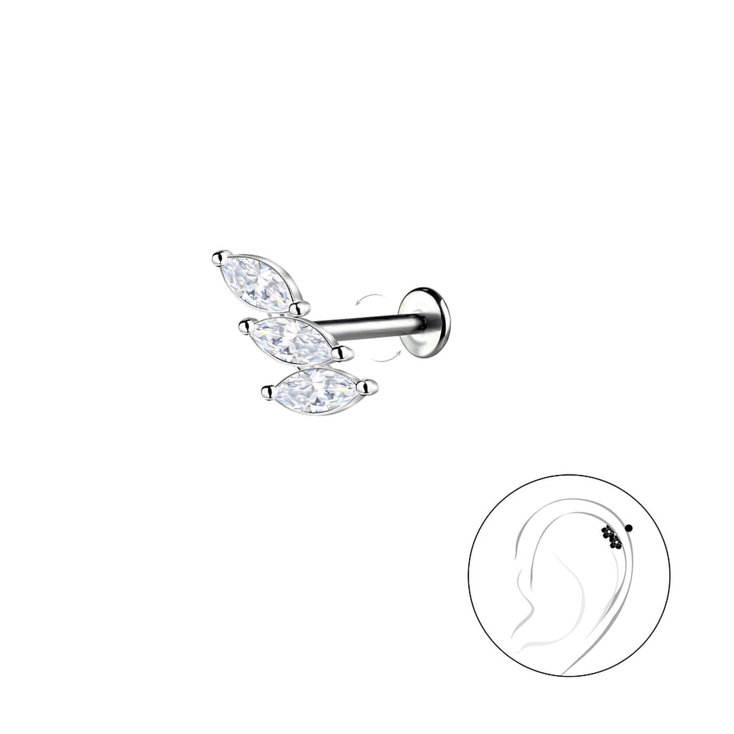Silver geometric labret stud with three clear marquise crystals from Melchior Jewellery for ear piercing