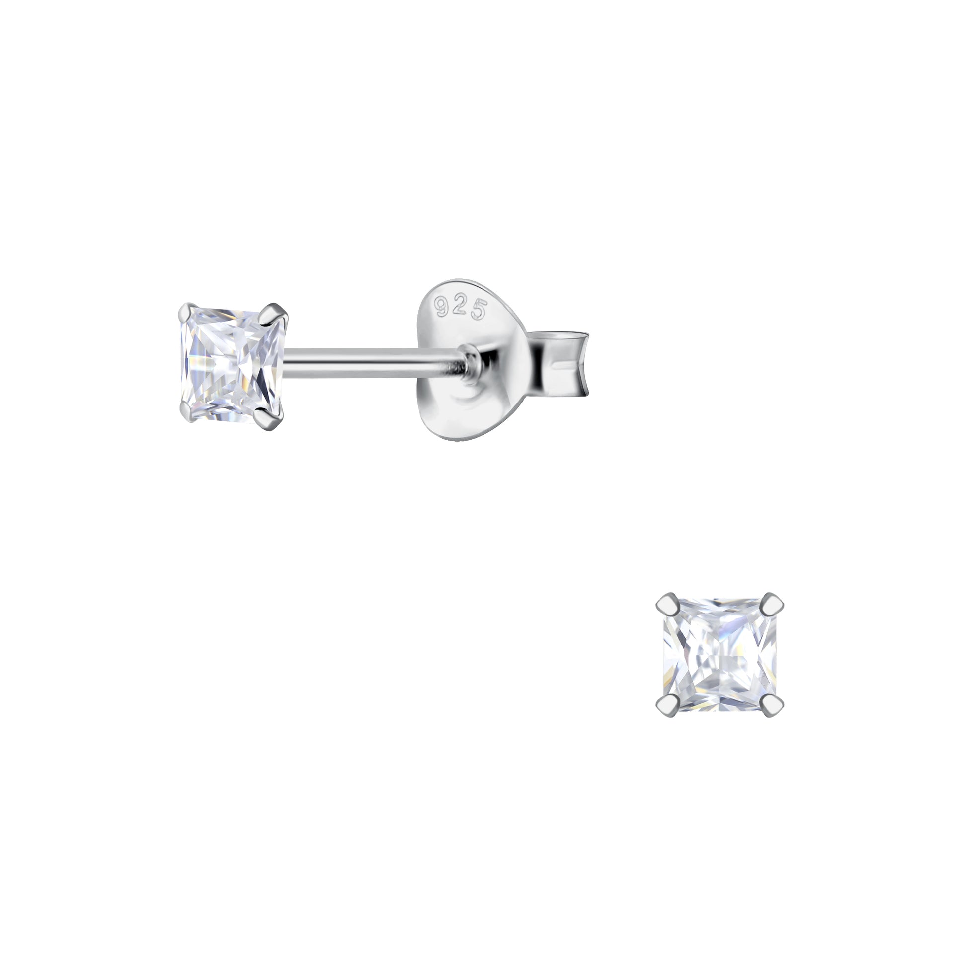 tiny CZ stud earrings 2mm with square-cut cubic zirconia in silver setting