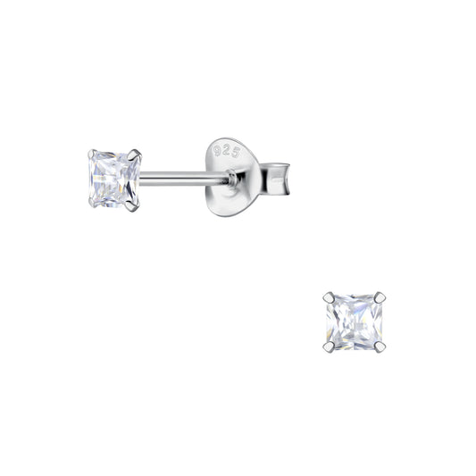 tiny CZ stud earrings 2mm with square-cut cubic zirconia in silver setting