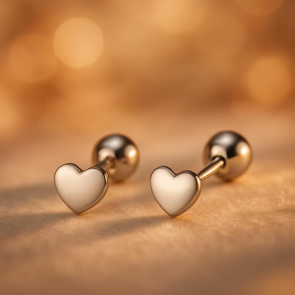 titanium heart stud earrings with a smooth metallic finish on a warm background
