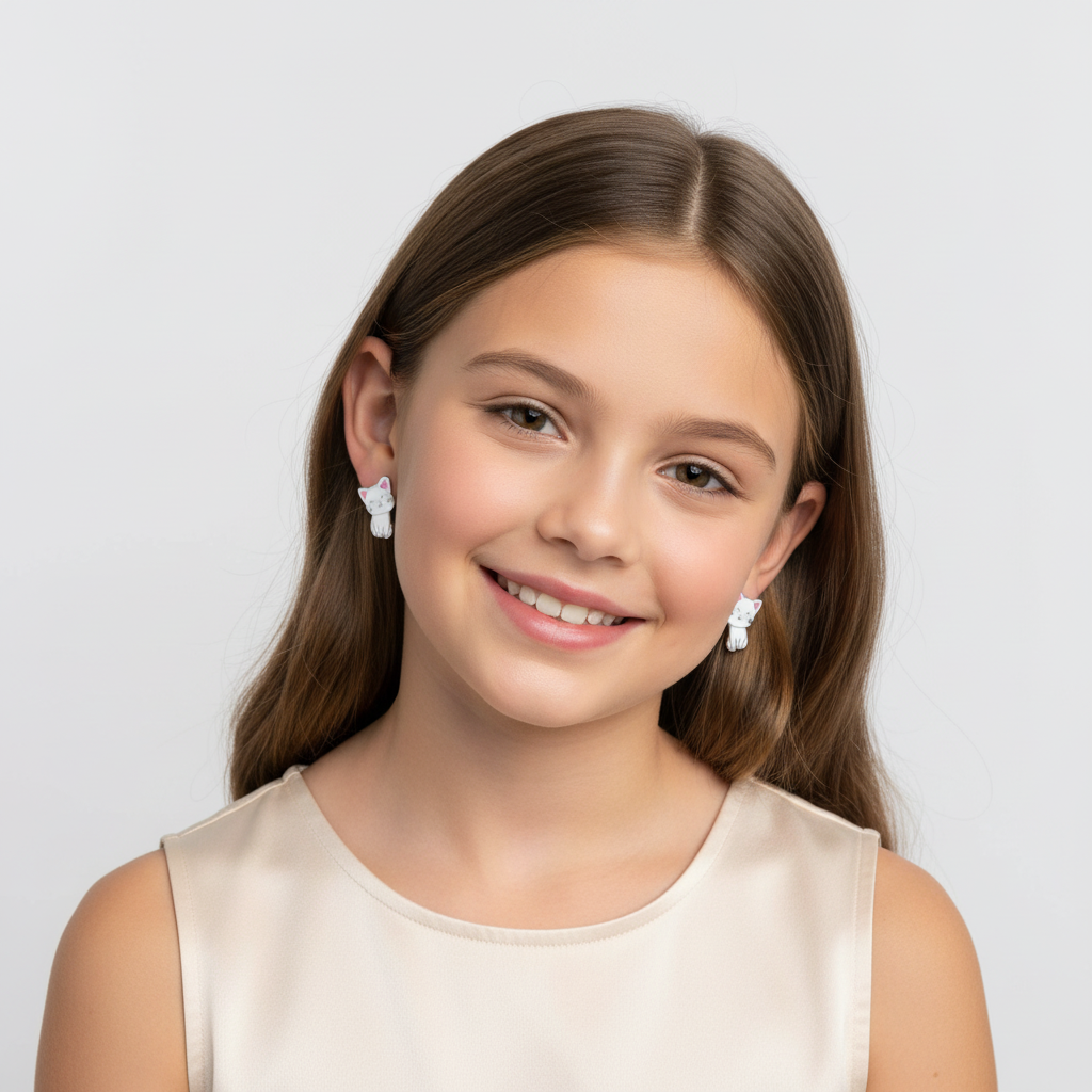 Girl wearing kids silver cat screw back earrings by Melchior Jewellery with a smiling face