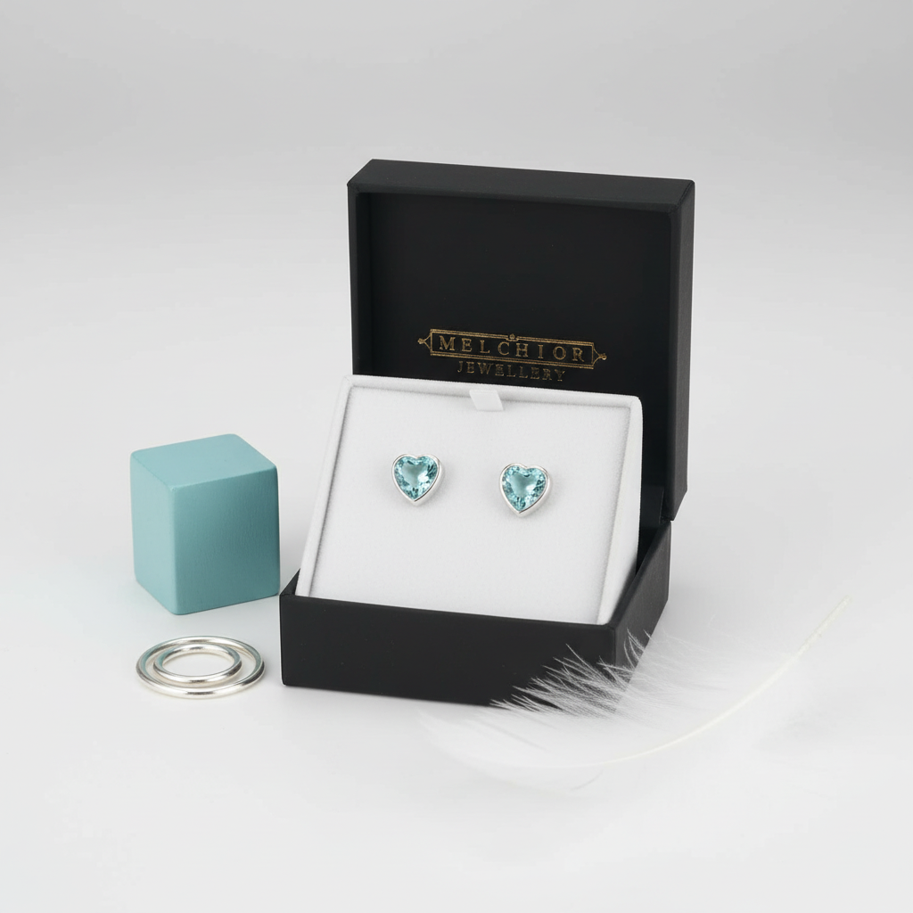 Sterling Silver Childrens Aquamarine Heart Earrings - Melchior Jewellery 