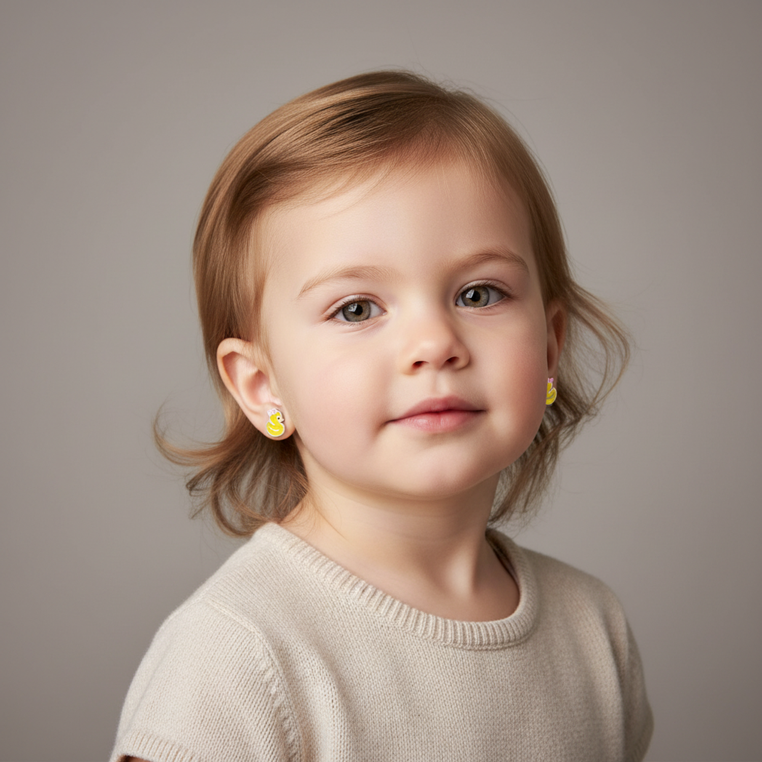Young girl wearing sterling silver girls duck studs earrings by Melchior Jewellery in yellow and silver
