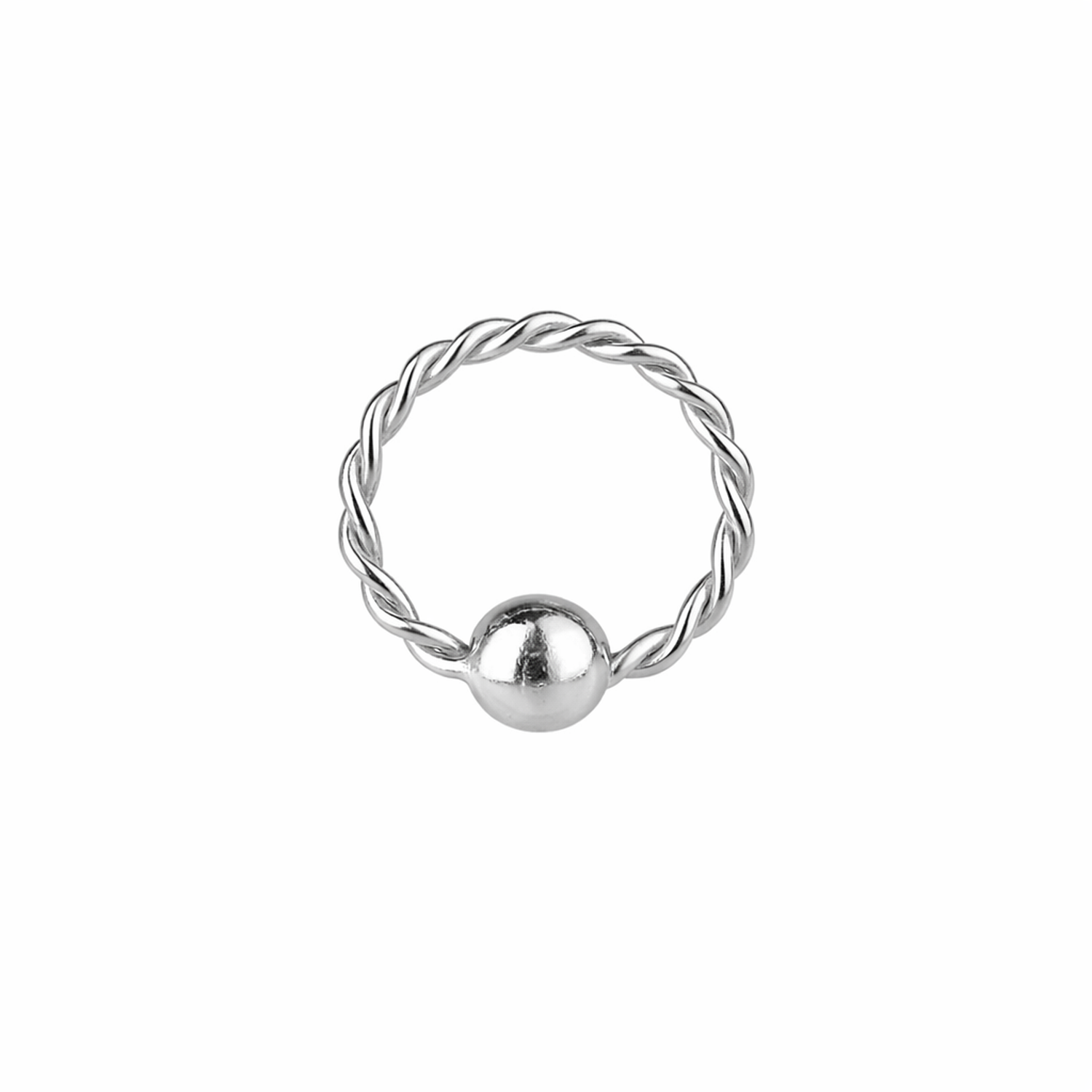 Sterling silver twisted nose ring with a polished silver ball for stylish body jewellery