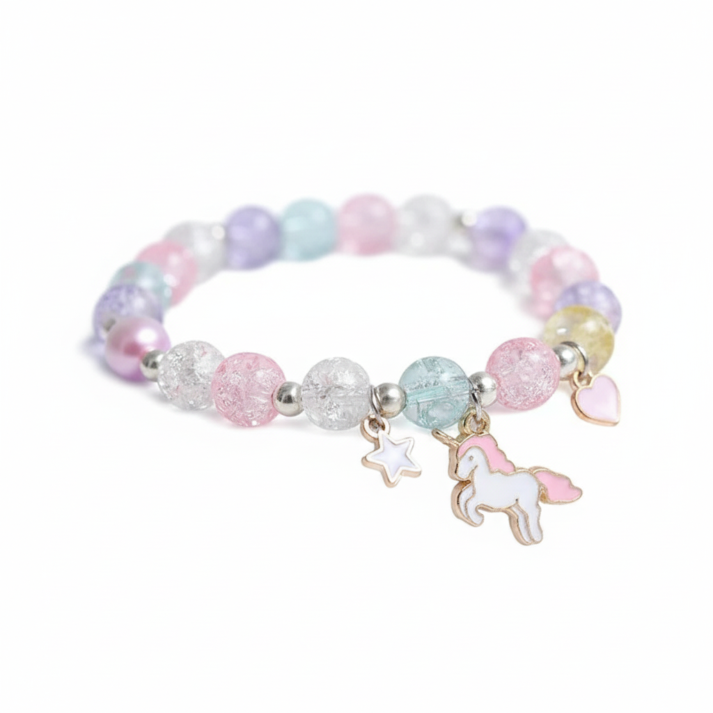 Melchior Jewellery pastel beaded bracelet featuring unicorn charm jewellery for girls with heart and star charms
