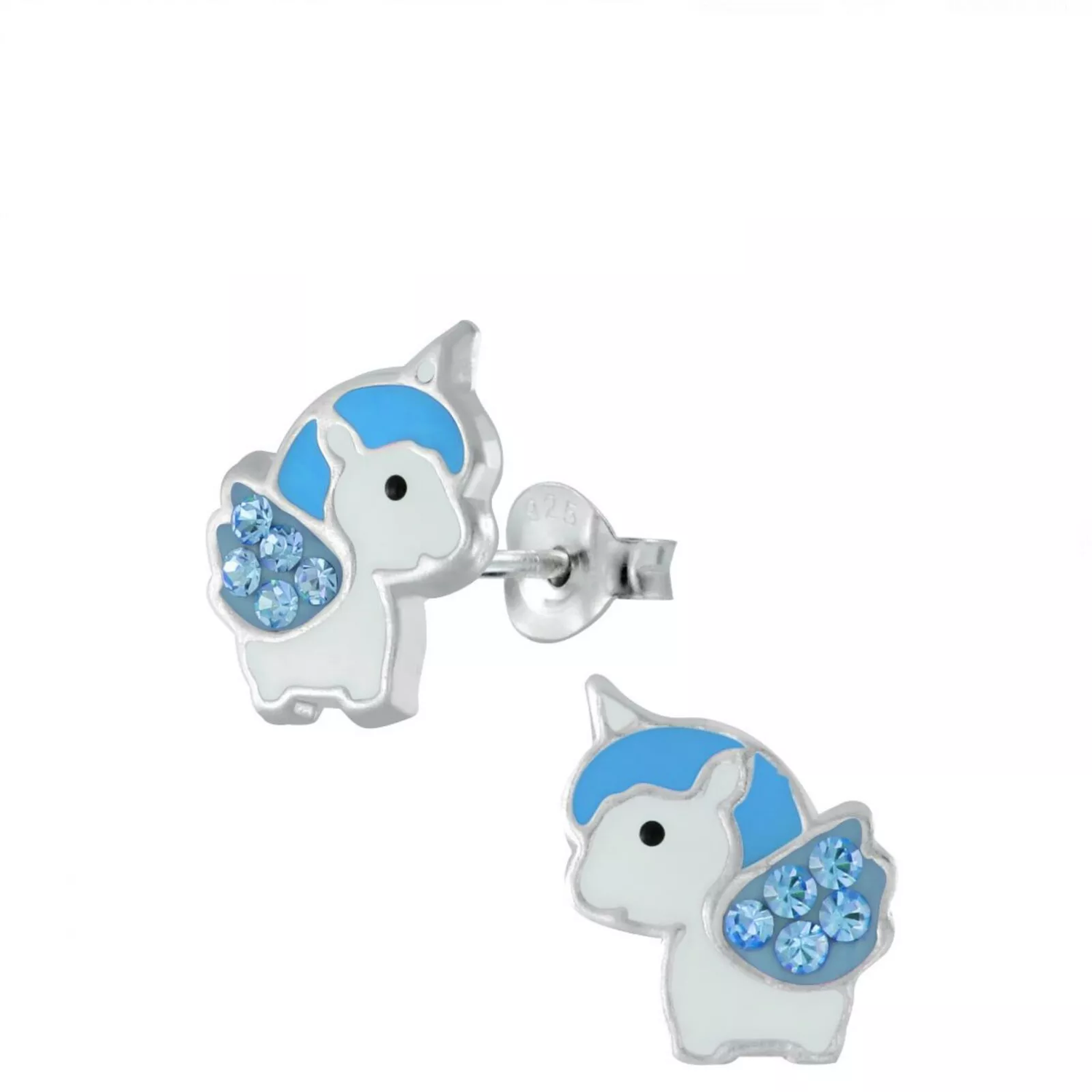 Melchior Jewellery kids unicorn stud earrings with CZ stones silver plated unicorn studs with blue enamel and CZ accents