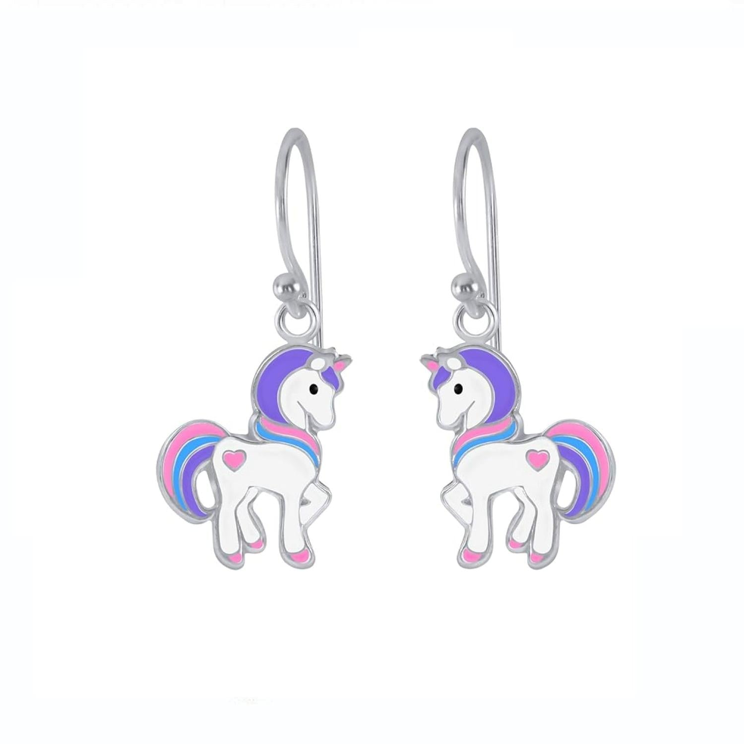 Melchior Jewellery silver unicorn drop earrings for girls with colourful enamel detailing