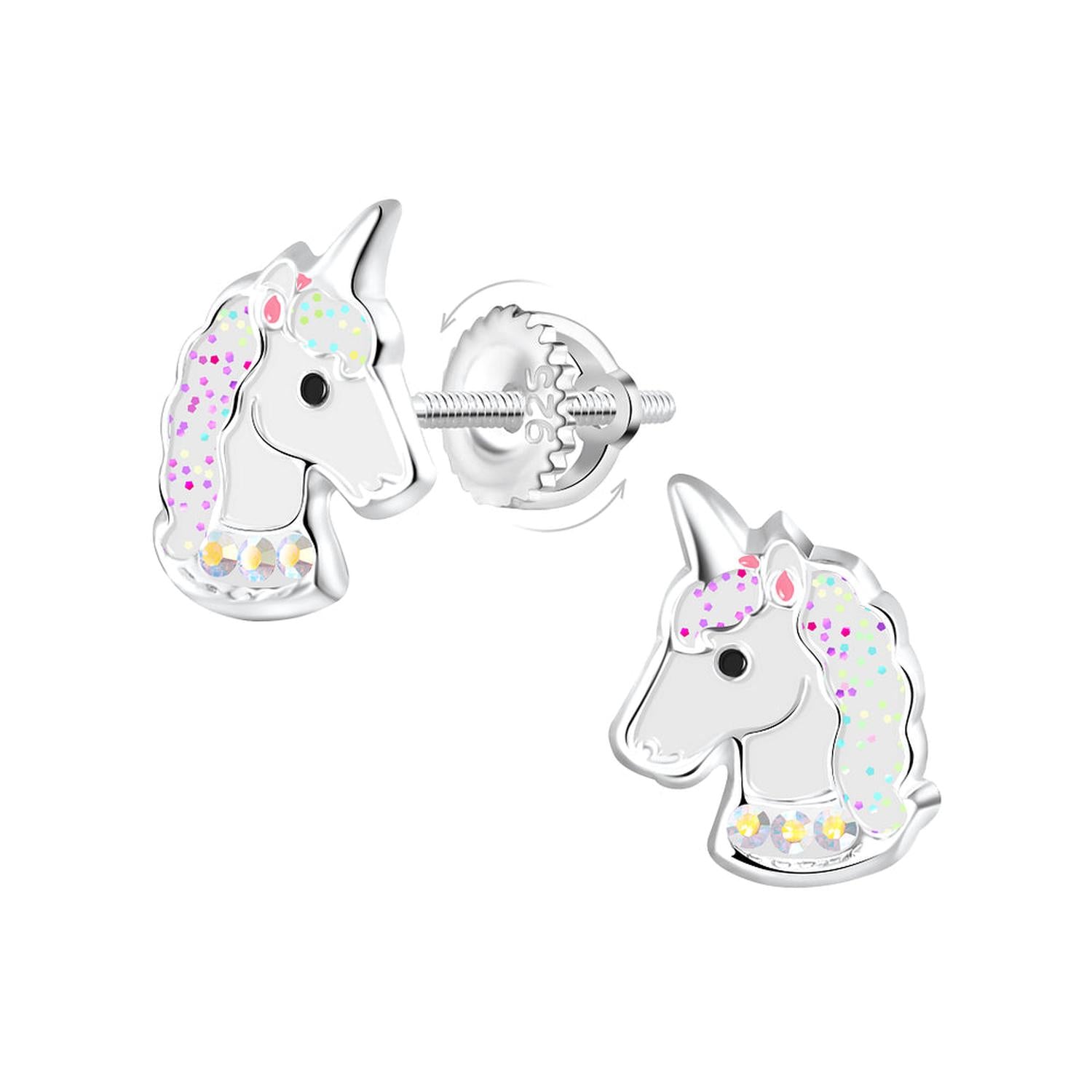 Melchior Jewellery sparkly unicorn screw back earrings for girls in silver with colourful details