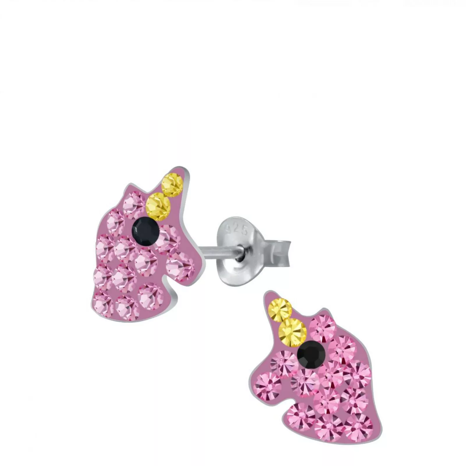 Children's Sterling Silver Pink Crystal Unicorn Stud Earrings - Melchior Jewellery 