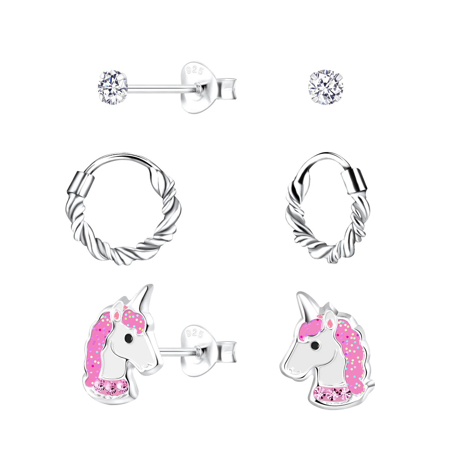 Melchior Jewellery sterling silver earrings set with clear crystal studs, twisted silver hoops, and pink unicorn studs