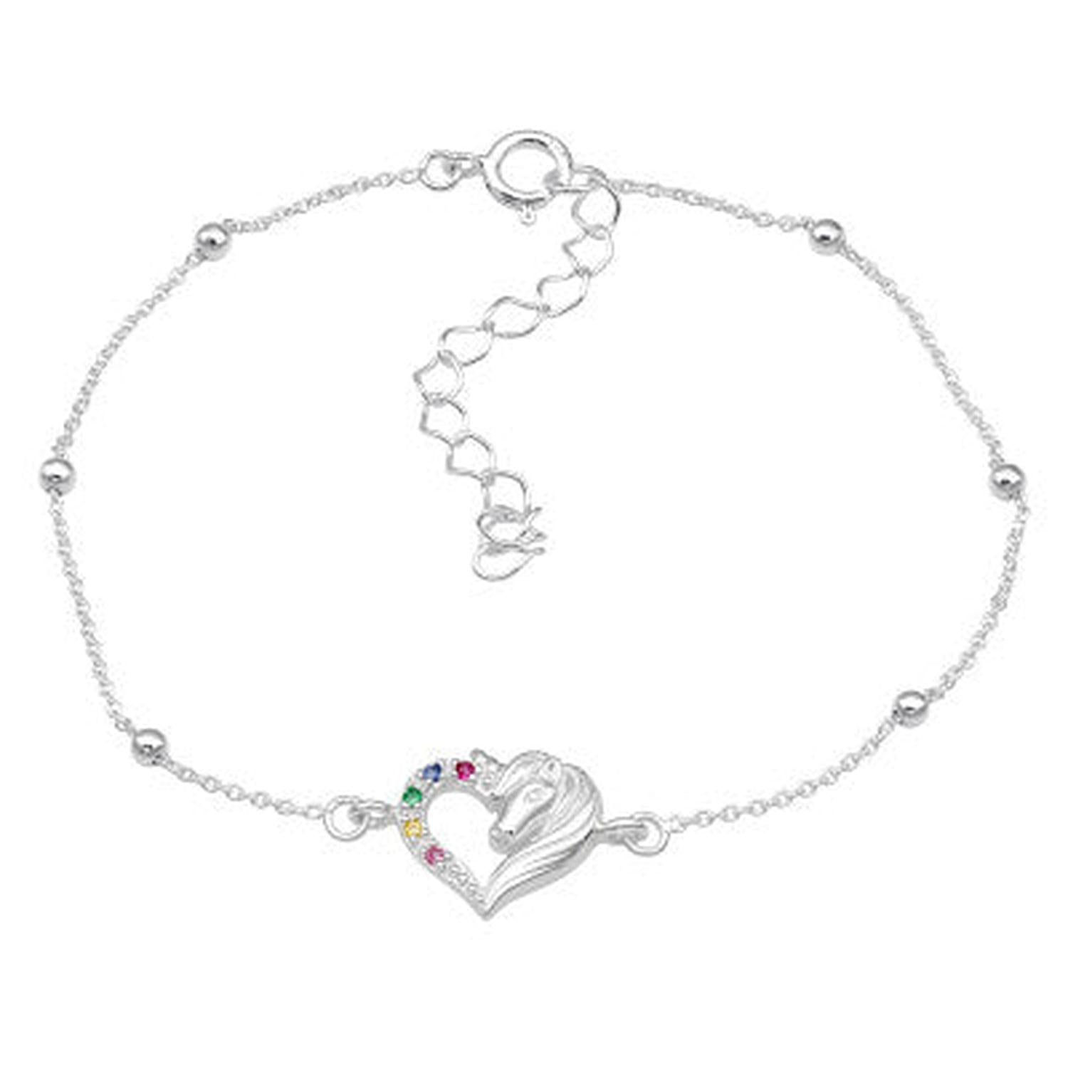 Sterling silver childrens Silver Unicorn In Heart Bracelet with colourful gemstones by Melchior Jewellery