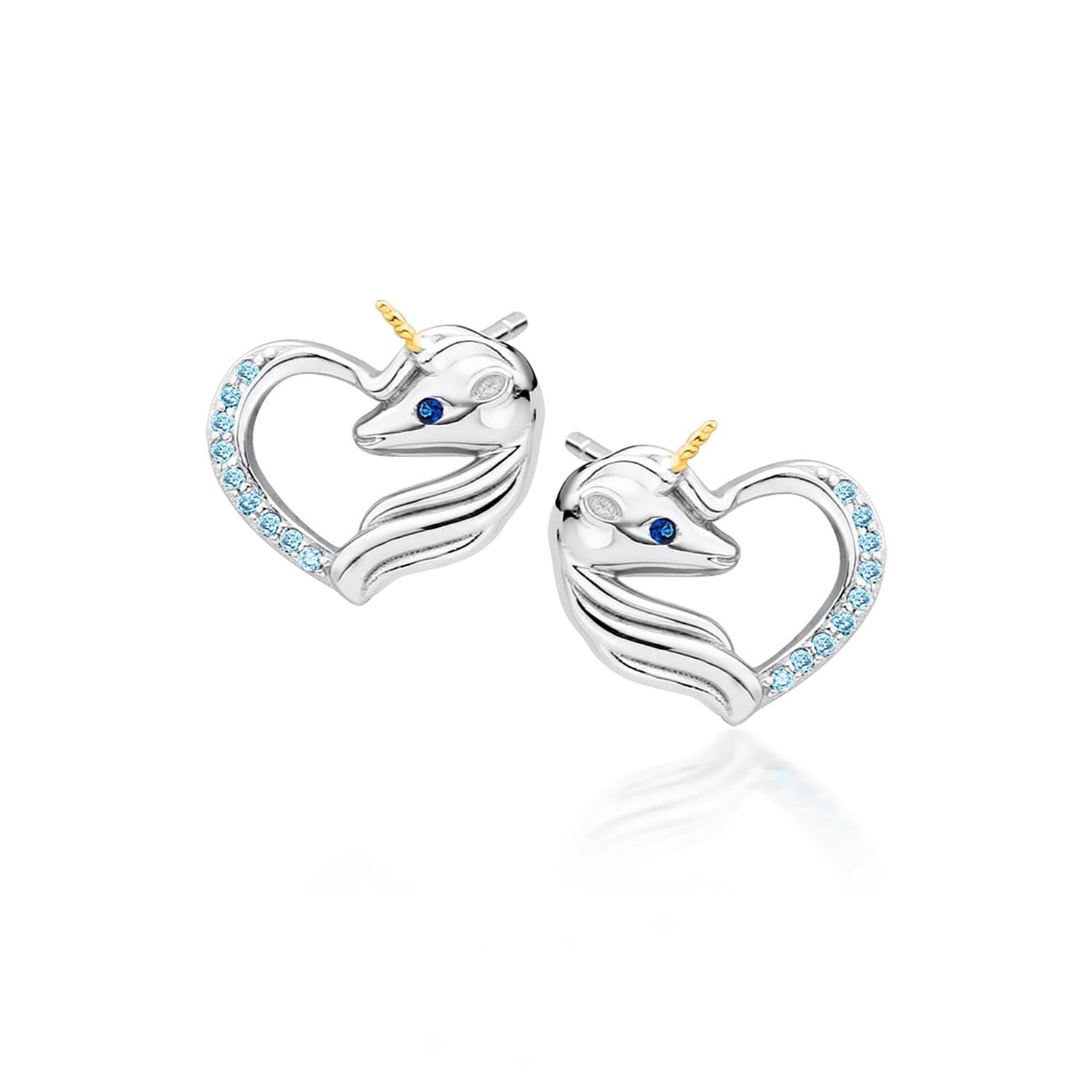 Melchior Jewellery silver girls unicorn stud earrings with blue crystal accents and gold horn detail