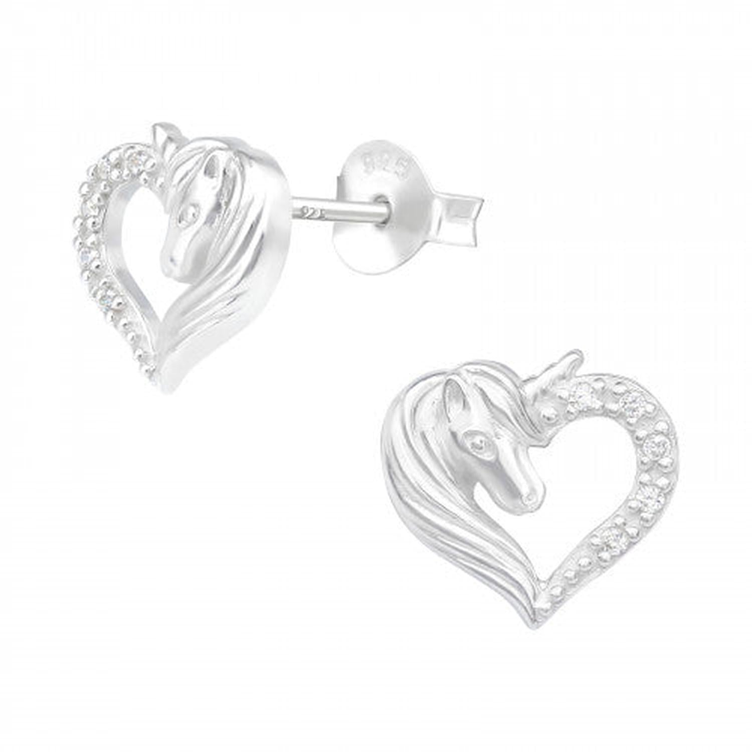Silver sterling silver earrings unicorn heart shaped childrens studs by Melchior Jewellery
