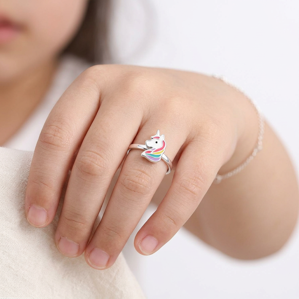 Unicorn sterling silver ring with colourful enamel detail worn on childs hand by Melchior Jewellery