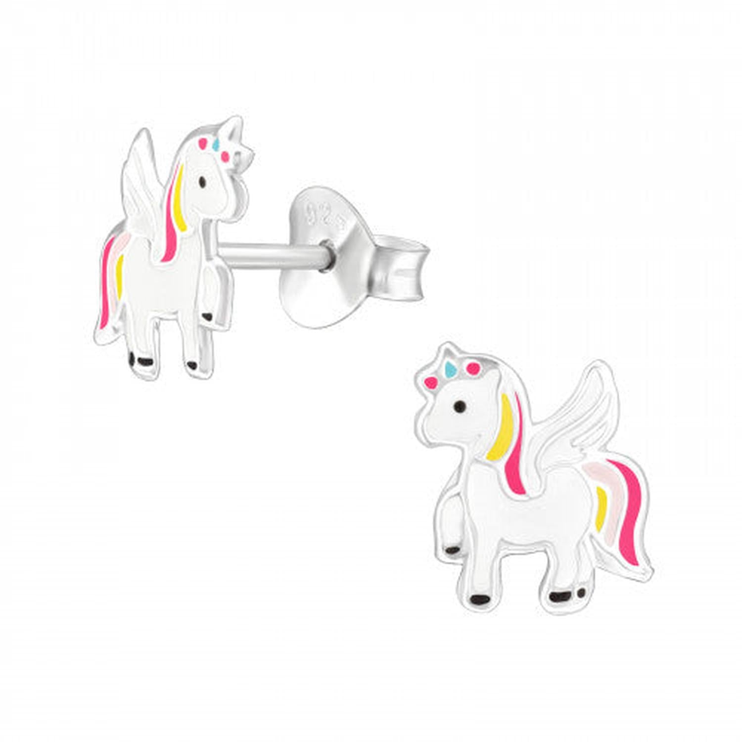 Girls Sterling Silver Unicorn Stud Earrings with pink yellow and blue details for children