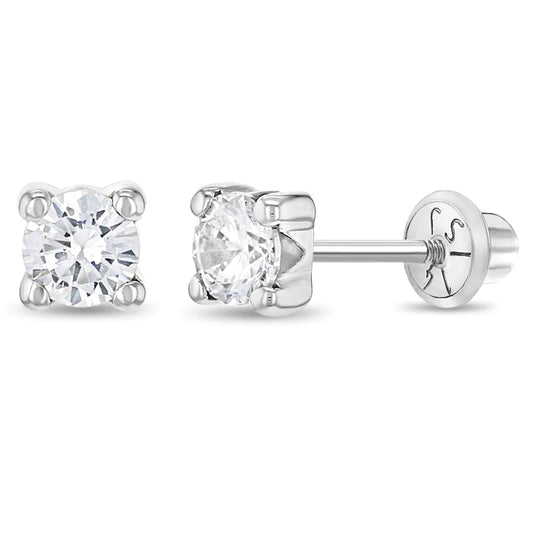 Childrens 14k Gold 4mm Square Set Solitaire Screw Back Earrings