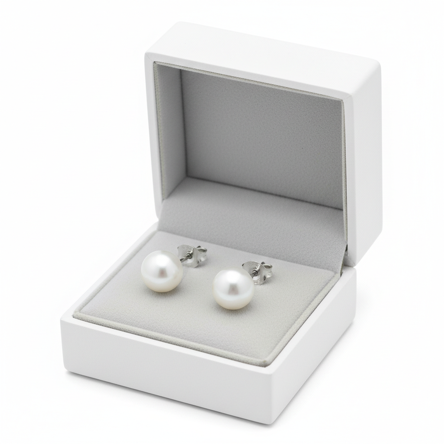 Melchior Jewellery sterling silver pearl stud earrings displayed in white jewellery box