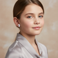Melchior Jewellery white cat stud earrings for kids worn by girl in silver blouse