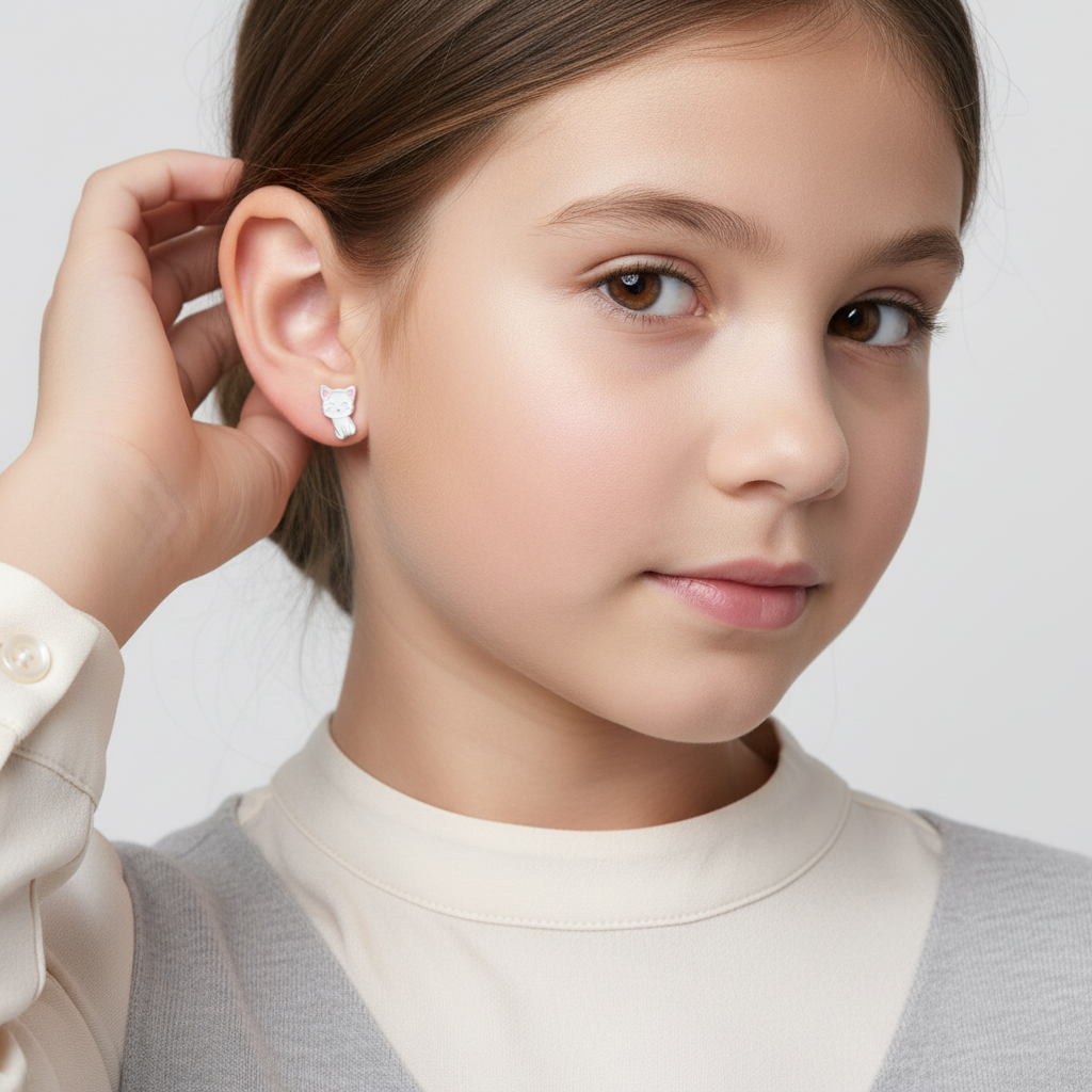 Melchior Jewellery white cat stud earrings for kids worn by young girl with light brown hair