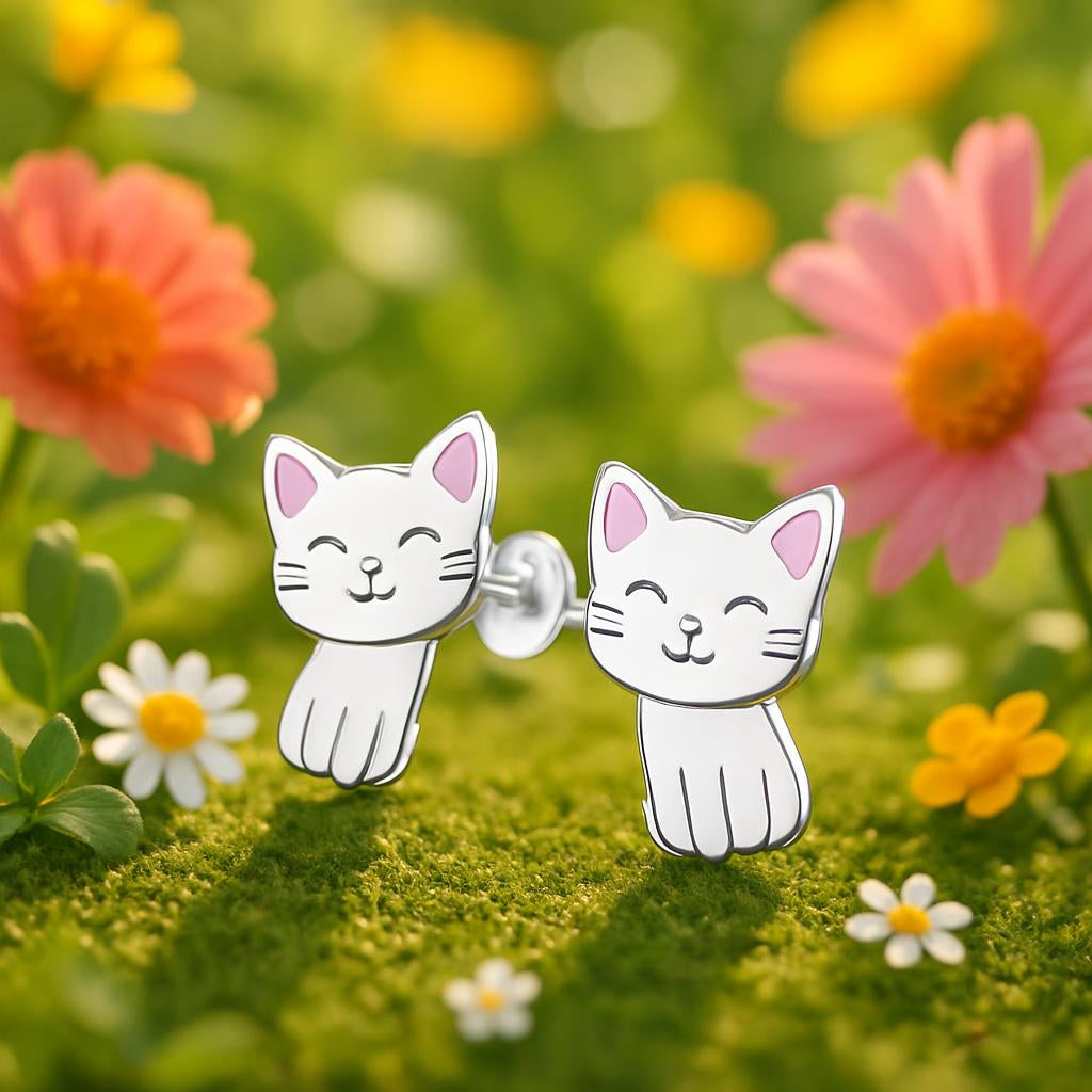 Melchior Jewellery white cat stud earrings for kids on green moss with colourful flowers background